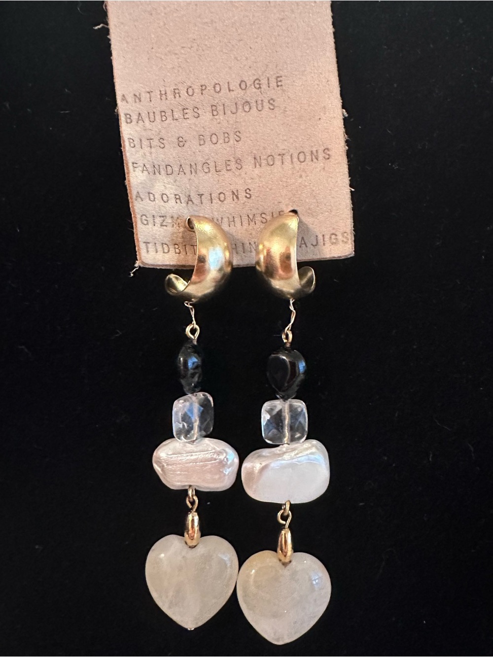 Anthropologie Gold, Black & Pearl Heart Dangle Earrings